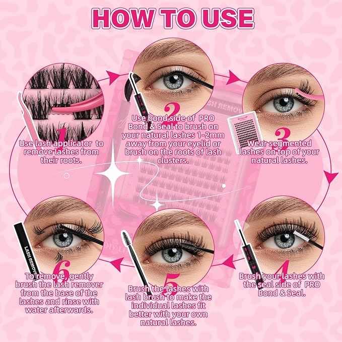 Lash Clusters Kit 3D Style Eyelash Clusters Kit with Lash Bond and Seal Eyelash Applictor Lash Remover for Beginner Waterproof Resuable Eyelash Extensions at Home (Attraction-3D,8-16mix)