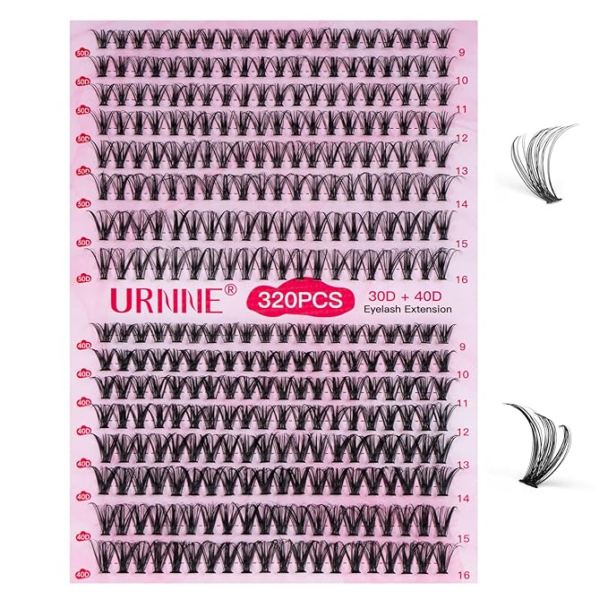 URNNE Lash Clusters 30D+40D 320pcs Eyelash Clusters 9-16mm Wispy Individual Lashes D Curl Cluster Eyelash Extensions DIY Lash Extension for Self（LD12）