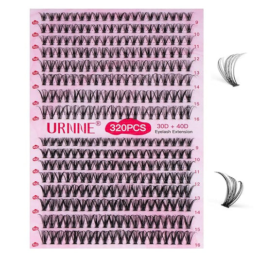 URNNE Lash Clusters 30D+40D 320pcs Eyelash Clusters 9-16mm Wispy Individual Lashes D Curl Cluster Eyelash Extensions DIY Lash Extension for Self（LD12）