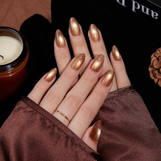 VSALON Press On Nails Short Almond, 32 Pcs 16 Sizes Brown Cat Eye Press On Chrome Fake Nails With Glue & Cuticle Oil, Reusable Stick On Nails False Nails Kit Valentines Gift For Women
