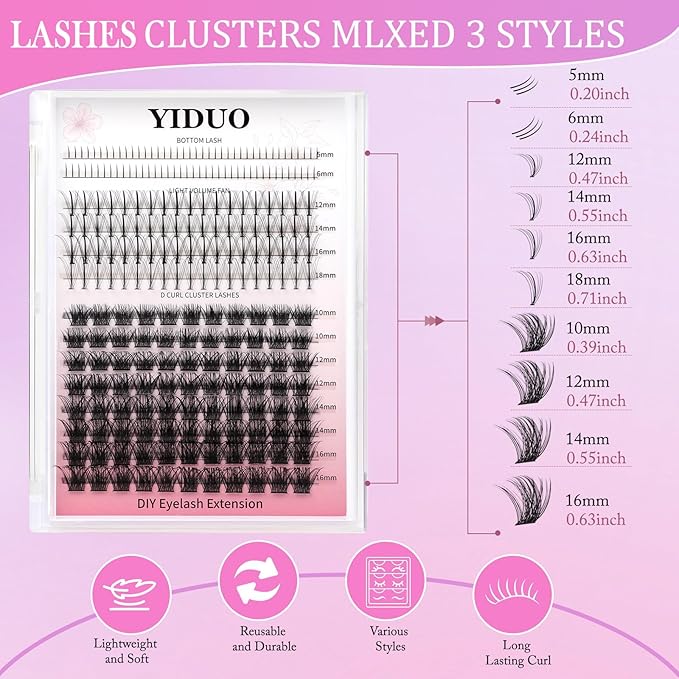 YIDUO Wispy Lash Clusters Kit Natural Individuals DIY Eyelash Extensions, C-Curl Volume Studio Effect 244Pcs Combo Pack with Bottom Lash|Glue|Tweezers|Removers|Eyelash&Eyebrow Brush