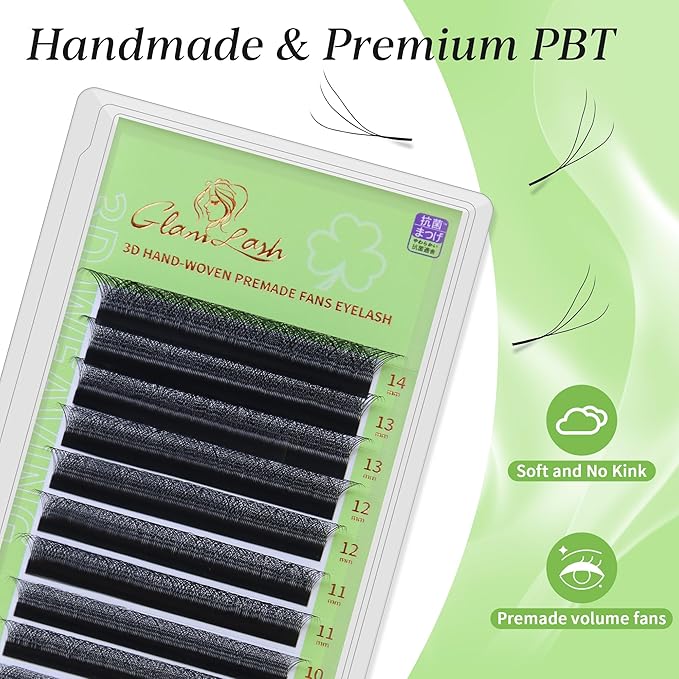 GLAMLASH W Eyelash Extensions 3D Volume Premade Fan Natural Soft Matte Lash Professional Salon Supplies (3D,0.07,C,8-12mm)