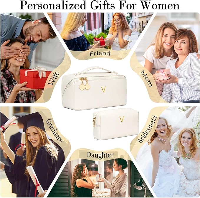Valentine's Day Gifts for Women Teen Girl, Personalized Initial Makeup Organizer Bag Set, Open Flat Travel Cosmetic Bag With Clear Divider and Handle(Beige,V)