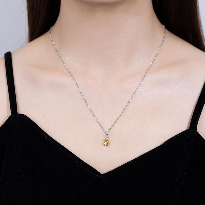 FANCIME 14K Solid White Gold Oval Gemstone Necklace with Diamond Pendant Gifts for Mom Women,16"+2" Inches