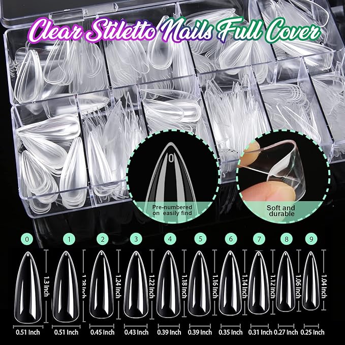 Teenitor Clear Nail Tips Full Cover, Long Stiletto Nails Tips For Acrylic Nails, 600 Pcs Almond Shape Fake Nails Tips With Glue, Acrylic Nail Clipper, Nail Stand Clear Glue On Nails