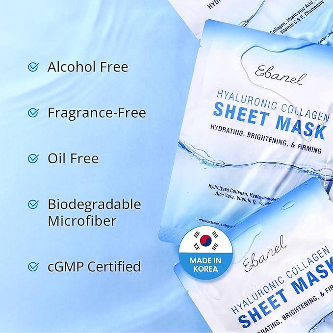 Ebanel 10 Pack Collagen Face Mask with Hyaluronic Acid, Vitamin C, Peptide, Aloe, Instant Brightening Hydrating Face Masks Skincare Korean Sheet Mask, Skin Firming, Lifting Anti Aging Facial Masks