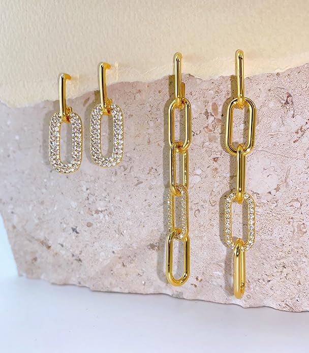 OZEL 14K Gold & Silver Plated Paperclip Chain Earrings with Cubic Zirconia – Dangle, Hoop, Huggie, Stud Styles – Women’s Fashion Jewelry Gift