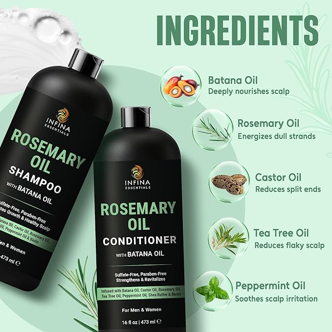 INFINA ESSENTIALS Rosemary Oil Shampoo and Conditioner Set | 16 fl oz Each | with Batana Oil | Sulfate-Free, Moisturizing & Nourishing Formula | Supports Thinning Hair for Men & Women
