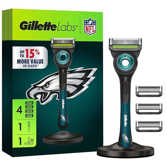 Gillette Labs Special NFL Eagles Edition Shaving Razor for Men - 1 Handle, 4 Razor Blade Refills & Magnetic Stand, GilletteLabs with Exfoliating Bar