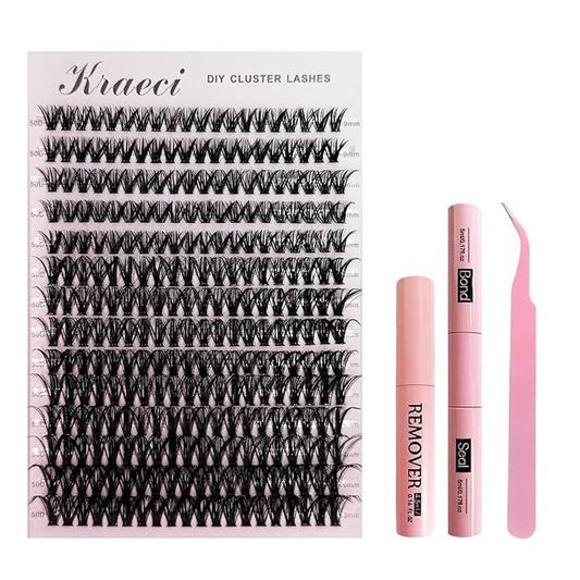Kraeci Lash Extension Kit DIY with Adhesive Remover for Safe Removal, 280 Clusters 9-16mm, 50D Volumes, Bond Glue, Sealant, Tweezers, Home Use Eyelash Starter Kit