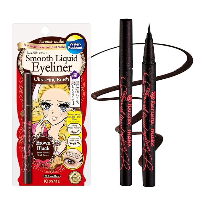 Heroine Make by KISSME Liquid Eyeliner Pen with Ultra-Fine 0.1mm Tip, Waterproof Eyeliner for Sensitive Skin, Cat Eye Liner for Long Lasting Wear, Made in Japan, SMOOTH Brown Black, 1 Count