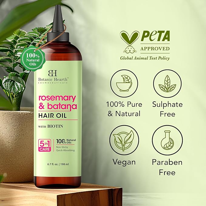 Botanic Hearth Hair Oil for Hair Growth & Hair Relaxer | Strengthening Dry, Frizzy, Damaged Hair & Scalp Treatment | Rosemary & Batana Hair Oil – 6.7 Fl Oz