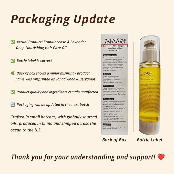 JANICORN Leave-In Hair Oil – Nourishing & Conditioning Oil with Jojoba & Argan Oils, Frankincense & Lavender Aroma, Smoothness & Frizz Control for Dry or Damaged Hair, 3.4 fl oz / 100 ml