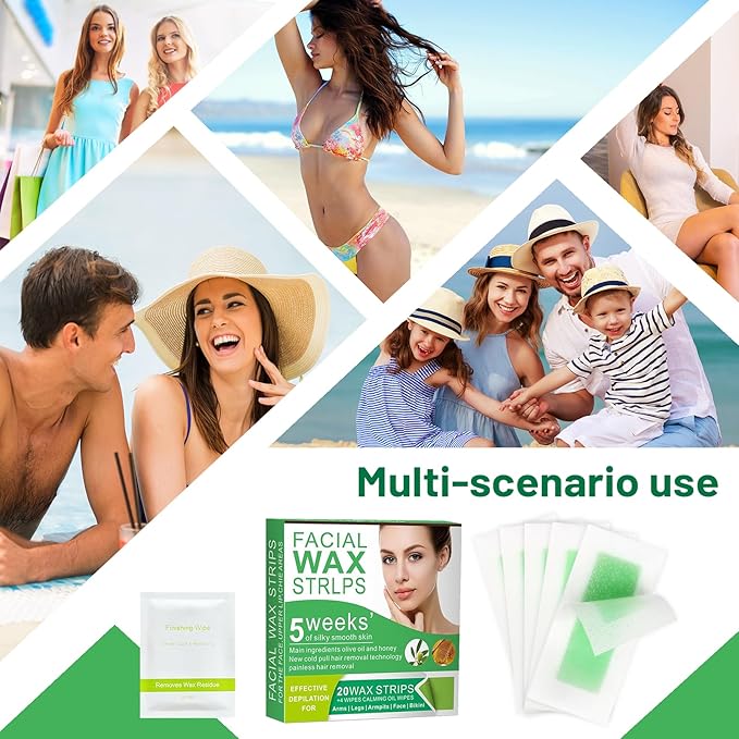 Wax Strips for Hair Removal - 98% Natural Formula for Sensitive Skin, Facial Hair Removal for Women - Gently and Quickly Removes Hair from Eyebrows, Body, Legs, and Bikini Line- Hypoallergenic 2Pcs