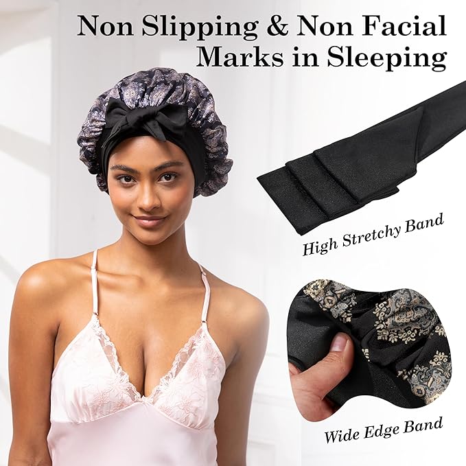 Tie Band Silk Satin Bonnet for Sleeping Hair: Women Sleep Night Wrap Cap for Straight Wavy Curly Coily Kinky Natural Hair Head - Bohemia