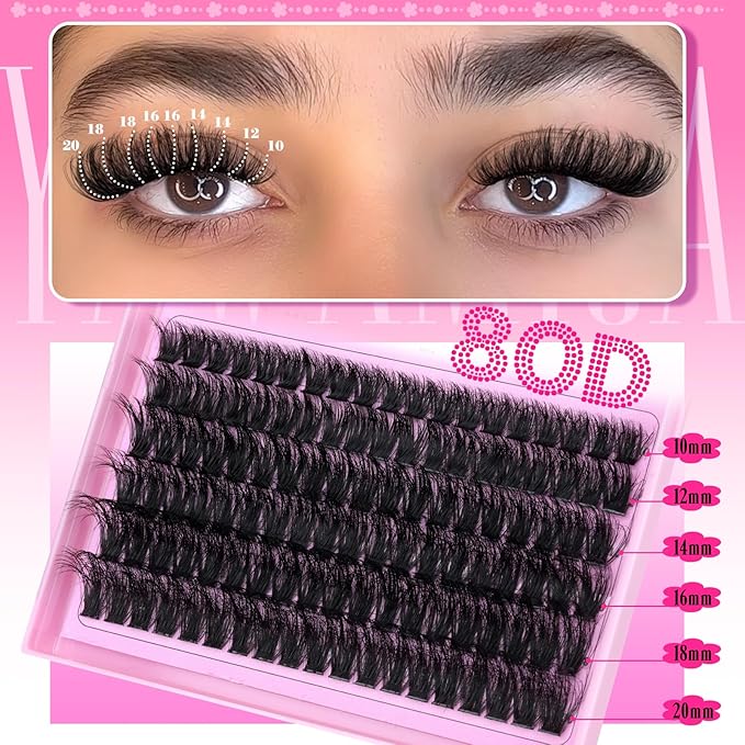 Yawamica Lash Clusters 60D 80D Thick Volume Cluster Eyelash Extensions Fluffier Eyelash Clusters 10-20mm Wispy Lash Extension D Curly Individual Lashes 280pcs DIY Lash at Home