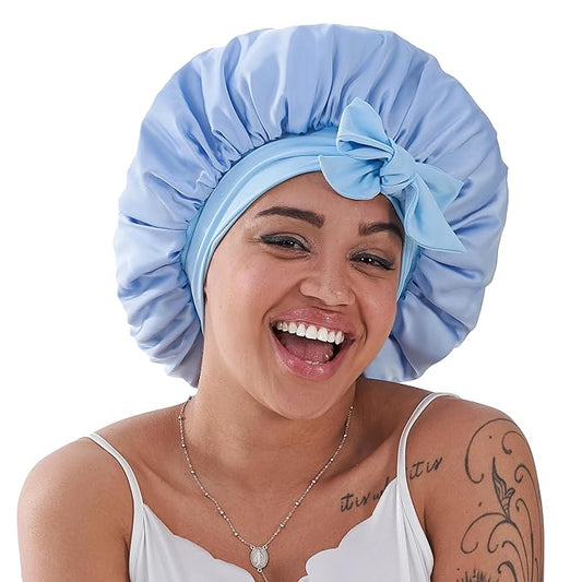Tie Band Silk Satin Bonnet for Sleeping Hair: Women Sleep Night Wrap Cap for Straight Wavy Curly Coily Kinky Natural Hair Head - Sky Blue Aqua
