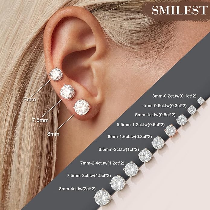 SMILEST 0.2-4ct Moissanite Screw Back Earrings, D Color VVS1 Clarity Lab Created Moissanite 14K White Yellow Rose Gold Ruthenium Vermeil 925 Sterling Silver Moissanite Earrings for Women Men Jewelry Gifts