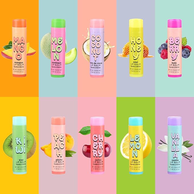 10pc Fruity Lip Balm Collection - Hydrating Lip Balms Infused w/Fresh Fruity Flavors - Vitamin Enriched Nourishing Lip Balm Set