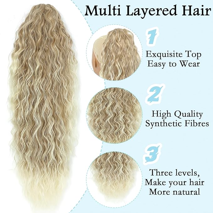 Ponytail Extension, Claw Clip on Pony tails Hair Extension for Women 22 Inch Long Wavy Curly Fake Ponytail Clip in Hair Pieces for Women Fluffy Natural Looking (Blond To Light Blonde)