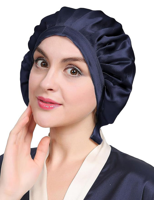 LILYSILK 100% Mulberry Silk Bonnet, Silk Night Sleep Cap Adjustable Hair Wrap for Sleeping, Deep Blue