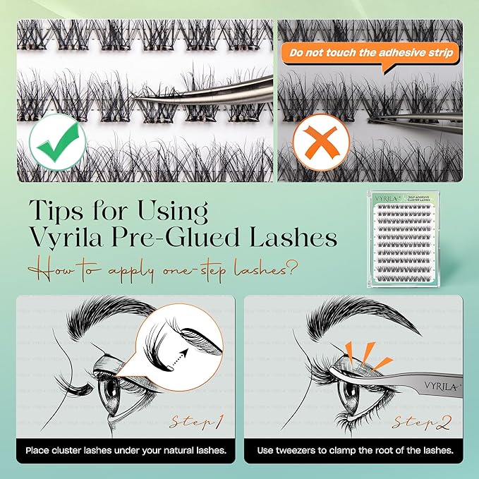 VYRILA Self-Adhesive Lash Cluster, Pre-Glued Clusters, Pop-On Faux Eyelashes, D Curl Natural Look Lahses, Reusable 0.05mm Eyelash Extensions (Green Hush-D-0.05-10-16mix-Kit)