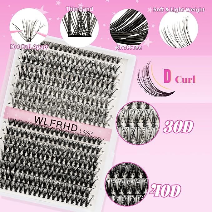 WLFRHD Lash Clusters Kit 320 Pcs D Curl DIY Natural Wispy Lashes Eyelashes Clusters Eyelash Extension Kit with Eyelash Bond and Seal, Remover & Tweezers (30D+40D, Mix9-16mm Kit)
