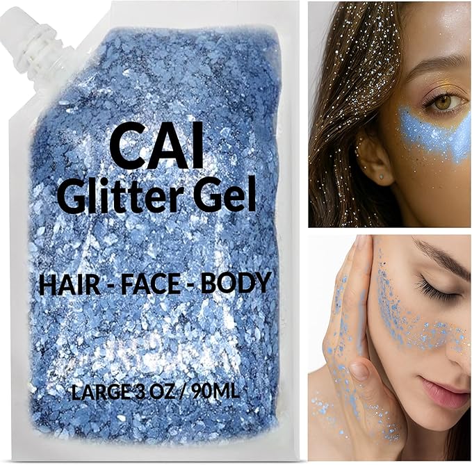 Face, Body & Hair Glitter Gel – Halloween Glitter for Kids and Women – 3 Oz Cosmetic-Grade Gel w/Moon & Stars for Festivals & Halloween Party, Easy Apply & Wash Off - Blue/Silver 2Pack