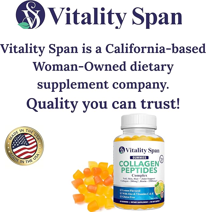 Vitality Span Collagen Gummies with Biotin 2500mcg + Vitamin C, E & Zinc – Hair Skin Nails Support – Low Sugar Delicious Lemon Flavor – No Stick – 60 Gummies – Made in USA