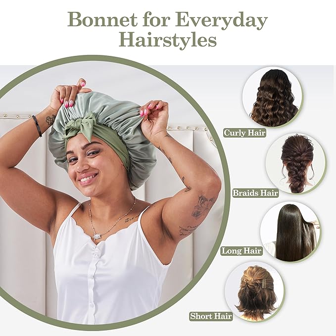 Tie Band Silk Satin Bonnet for Sleeping Hair: Women Sleep Night Wrap Cap for Straight Wavy Curly Coily Kinky Natural Hair Head - Matcha Green