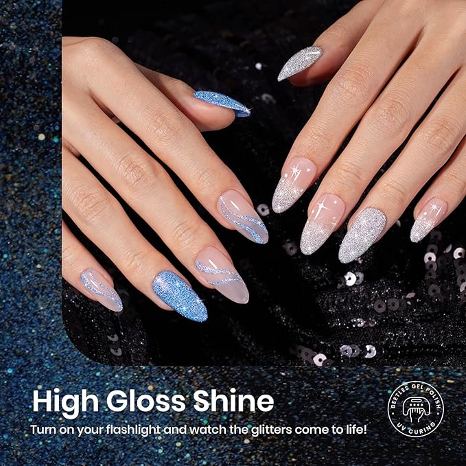 Beetles Reflective Glitter Gel Nail Polish Kit Winter Gel Polish 6 Colors Holographic Sparkle Flash Dimond Sliver Gold Soak Off UV LED Manicure Gift for Women Girls Midnight Sparkling