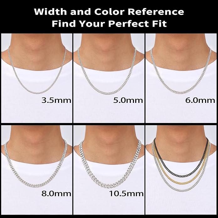 Fiusem 3.5mm Cuban Link Chains for Men, Silver Tone/Black/14K Gold Plated Stainless Steel Necklace Chain, Mens Necklace 16, 18, 20, 22, 24, 26, 28 Inch