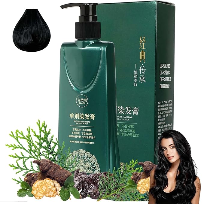 Mild Formula Long Lasting Hair Dye Set, Plant Extracts Hair Color for Gray Coverage, Herbal Hairs Dyes, Nourishing, Natural, Long-Lasting Shampoo 210ML (Natural Black)