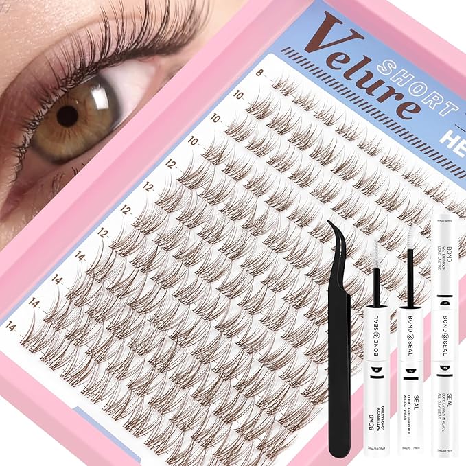 HEYWINK Brown Lash Clusters Kit Velure Lash Extensions Kit Natural Eyelash Clusters Short Lash Cluster 8-14mm Lash Clusters Natural with Invisible Band Individual Lash(Velure-Light Brown)