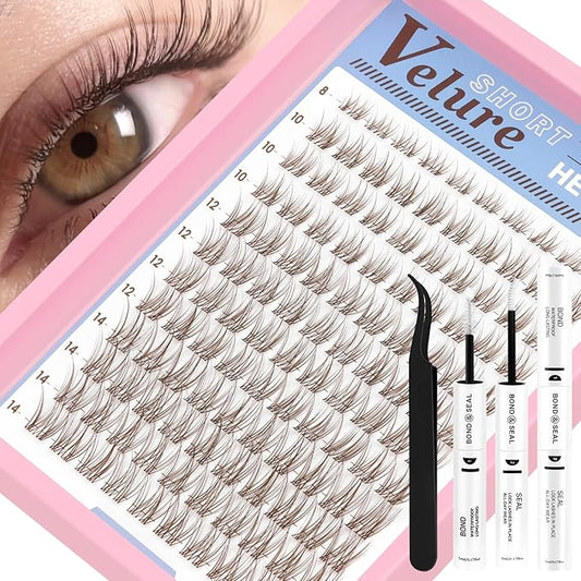 HEYWINK Brown Lash Clusters Kit Velure Lash Extensions Kit Natural Eyelash Clusters Short Lash Cluster 8-14mm Lash Clusters Natural with Invisible Band Individual Lash(Velure-Light Brown)