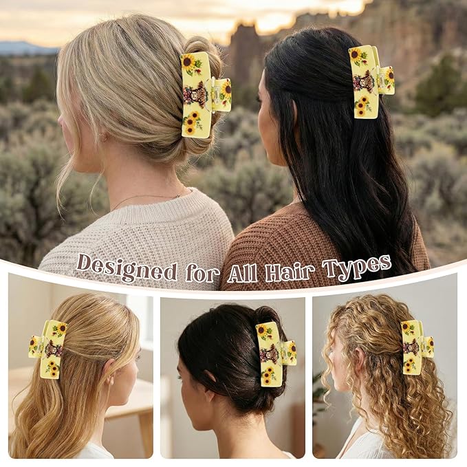 Medium Hair Claw Clips with Cow Sunflower Design, Jaw Clip for Hair, Non-Slip Strong Hold Hair Clamps for Thick & Thin Hair, Animal Hair Accessories for Women Daily Wear, Travel, Party Decor