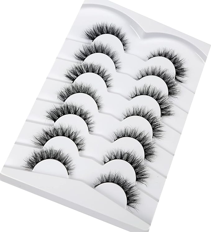 Pooplunch False Eyelashes Cat Eye Look Wispy Lashes Short Natural Crossed Extension Volume Fake Eyelashes 8D Faux Mink Strip Lashes 7 Pairs Pack