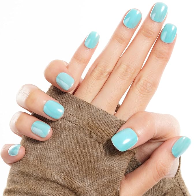 GLAMERMAID Pure Blue Chrome Extra Short Press on Nails, Glazed Handmade Light Blue Fake Nails Short Squoval, Mirror Powder Square Glue on Nails, Acrylic False Nails, Glossy Round Fake Nails for Women