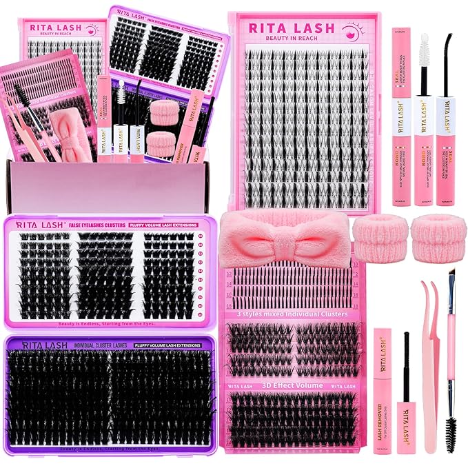 Lash Clusters Kit Eyelash Clusters Kit 3D Effect Cluster Eyelash Extensions Large Pack Spike Lash Extension Pestañas Postizas Naturales+Lash Bond&Seal,Remover,Tweezers,headband,wristband(Lash Kit-6)