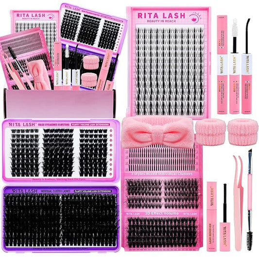 Lash Clusters Kit Eyelash Clusters Kit 3D Effect Cluster Eyelash Extensions Large Pack Spike Lash Extension Pestañas Postizas Naturales+Lash Bond&Seal,Remover,Tweezers,headband,wristband(Lash Kit-6)