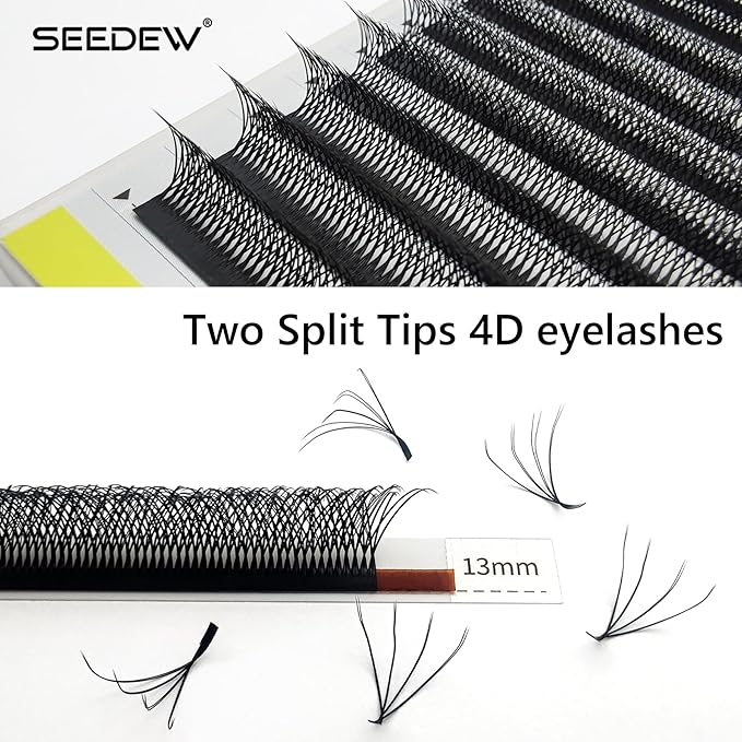 SEEDEW 4D-Double Tips Lash Extensions, 0.07mm D Curl 12mm 12 Rows/Tray, W Shape 4DD Flat Stem, PBT Volume False Eyelashes for Beginner Artist, Lash Tech, Beauty Salon(4DD-Matte Black-0.07-D-12mm)