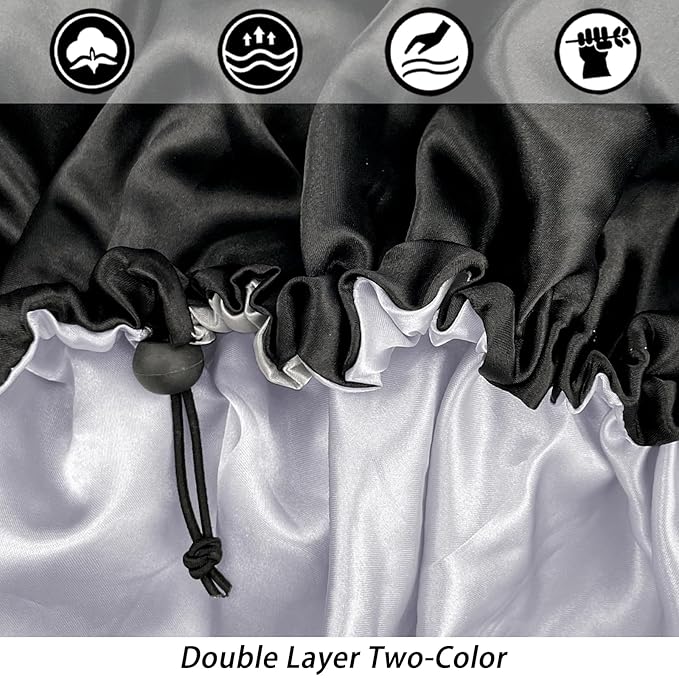 Satin Silk Bonnet for Curly Hair Bonnet Braid Bonnet for Sleeping Bonnets for Women Large Double-Layer Adjustable(2Pcs Black)