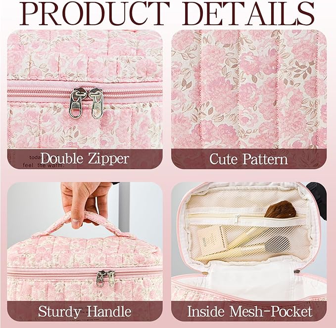 3Pcs Quilted Makeup Bag for Women, Large Travel Makeup Bag Set, Cute Aesthetic Cosmetic Bags, Floral Cotton Makeup Pouch Coquette Toiletry Organizer Bag