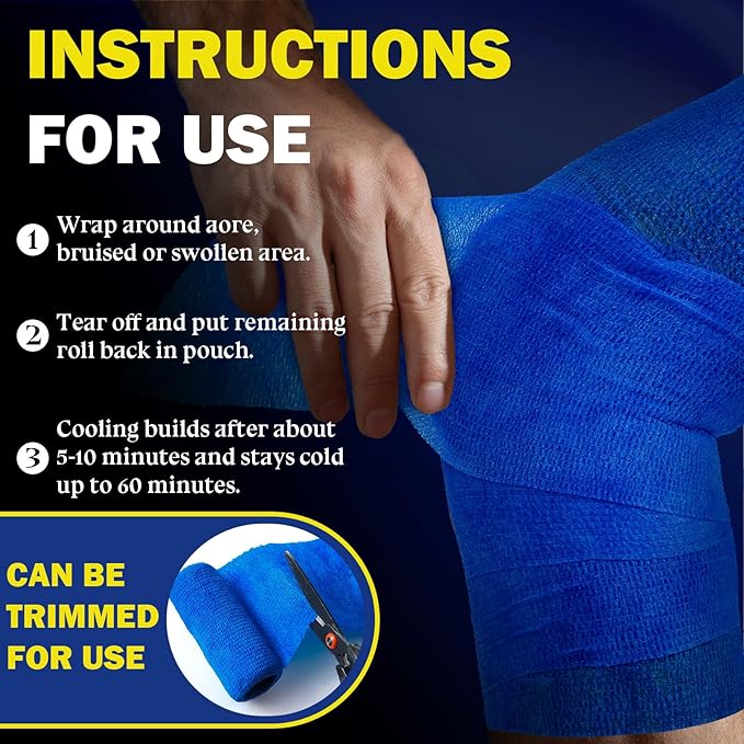 Geiserailie 2 Pcs Instant Cooling Ice Tape Self Sticking Compression Wrap Reusable Sport Ice Tapes No Refrigeration Needed Athletic Muscle Bandage for Pain Relief and Swelling(Blue,4 Inches)
