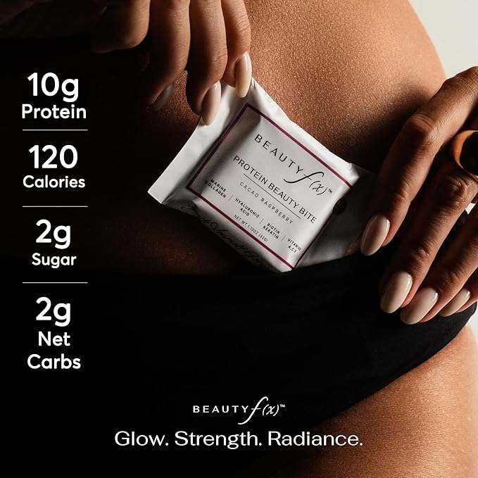 Beauty f(x) Protein Beauty Bites - Collagen Bars – Cacao Raspberry Collagen Protein Bars for Women – 10g Protein, 120 Calories, No Added Sugar – Supports Skin, Hair, and Nails