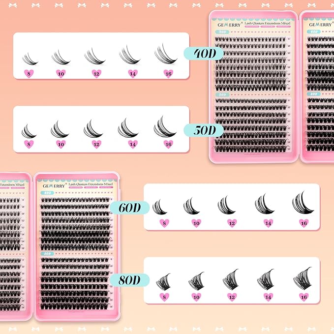 GEMERRY Lash Clusters 4 Style Clusters Eyelash Extensions False Eyelashes Wispy Natural Lashes Fluffy Individual Lashes for DIY at home (40D 50D 60D 80D, 8-16mm)