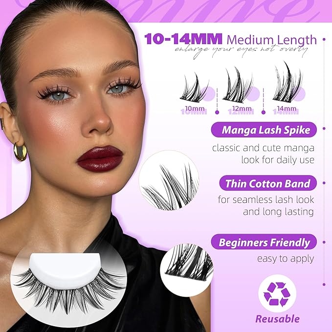 JIMIRE Manga Lash Clusters Kit Wispy Eyelash Clusters Kit Natural Look 10-14MM Fairy Cluster Eyelash Extensions with Spiky 110Pcs Manga Lash Extension Kit with Bond and Seal Lash Glue