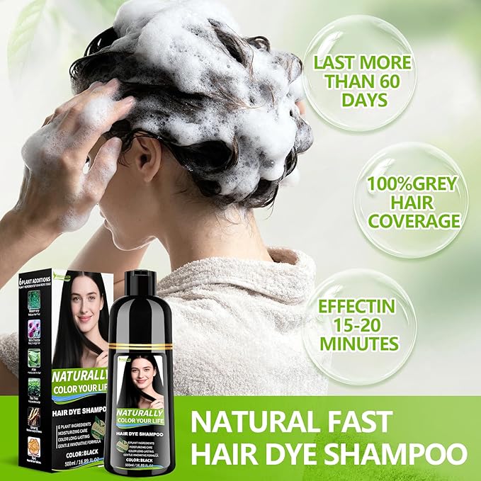 Vireo Color Black Hair Dye Shampoo for Women & Men, 15 Min Gray Coverage, 3 in 1 Semi-Permanent Color with Natural Herbal Ingredients
