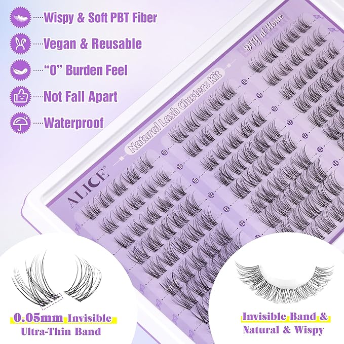 ALICE Natural Lash Extension Kit Lash Clusters Kit Wispy Cluster Eyelash Extension Kit with 135pcs Clear Band C-Curly 10-14mm Eyelash Clusters Lash Glue Bond and Seal