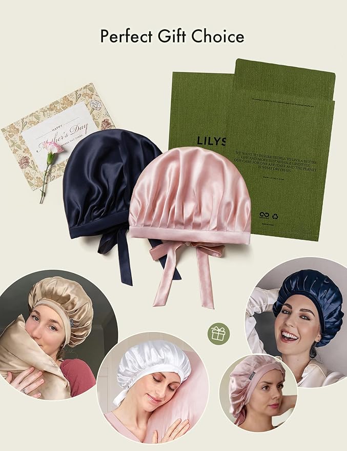 LILYSILK 100% Mulberry Silk Bonnet, Silk Night Sleep Cap Adjustable Hair Wrap for Sleeping, Deep Blue